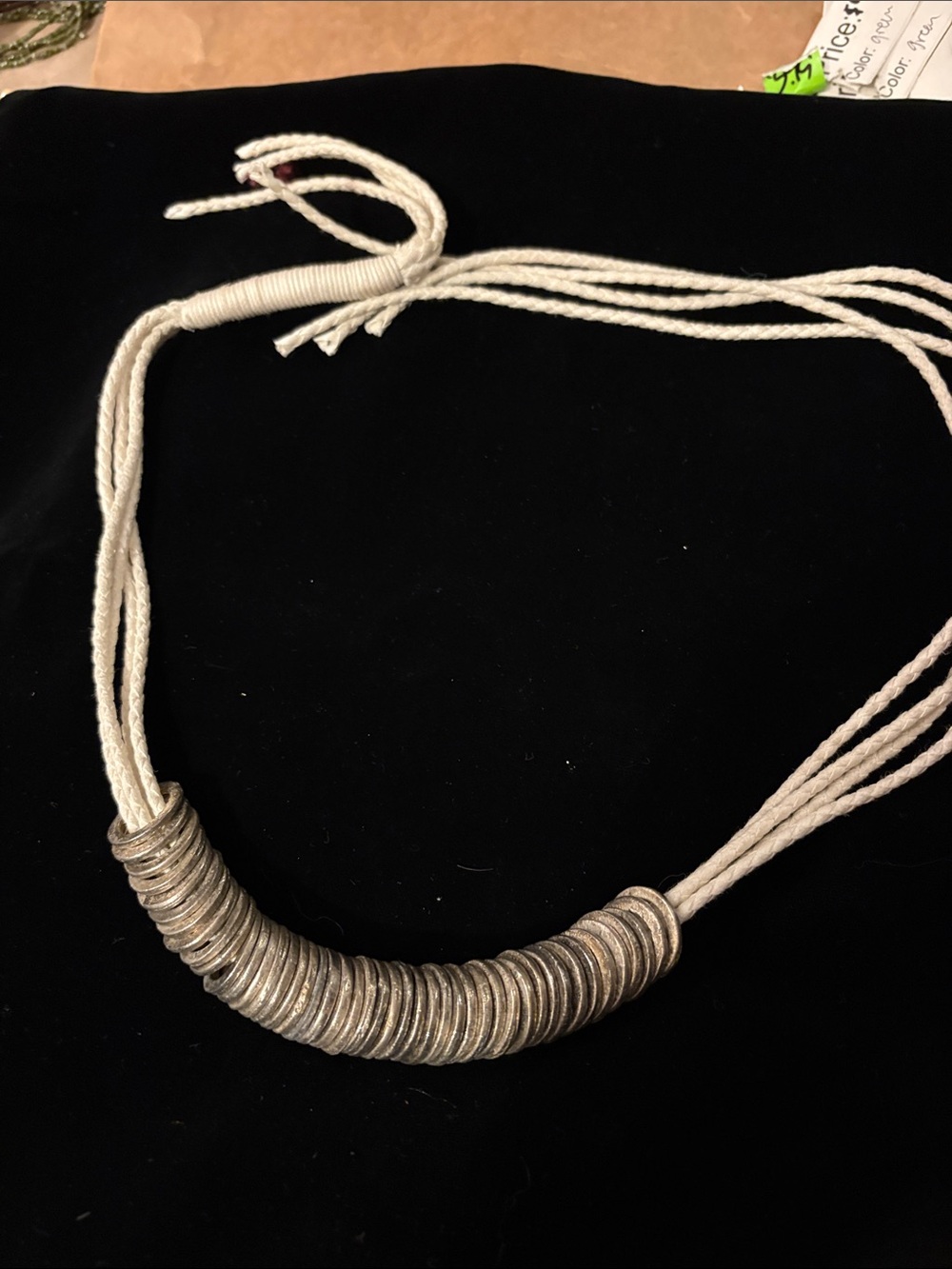 Handmade Neutral Cord Necklace with Silver-Tone Disk Beads